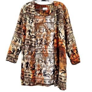 Vintage Sequel Brown Multicolored African Tribal Dance Graphic 3/4 Sleeve Jacket